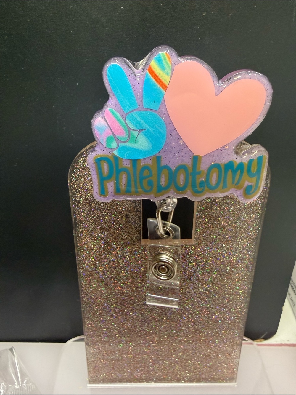 Phlebotomy Glitter Badge Reel Holder - Pink Heart & Peace Design